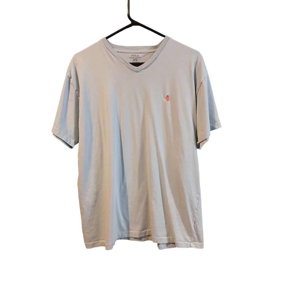 Polo Ralph Lauren Mens V-Neck T-Shirt Light Blue Orange Pony Logo Size M